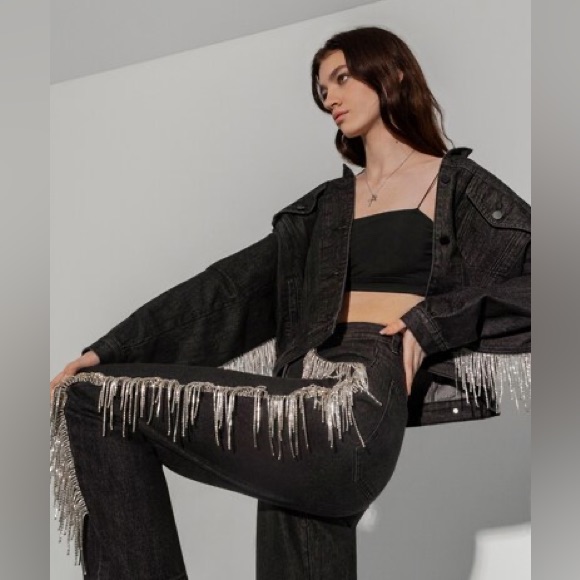 Black Embellished Fringe Womens Jeans - Designer Style